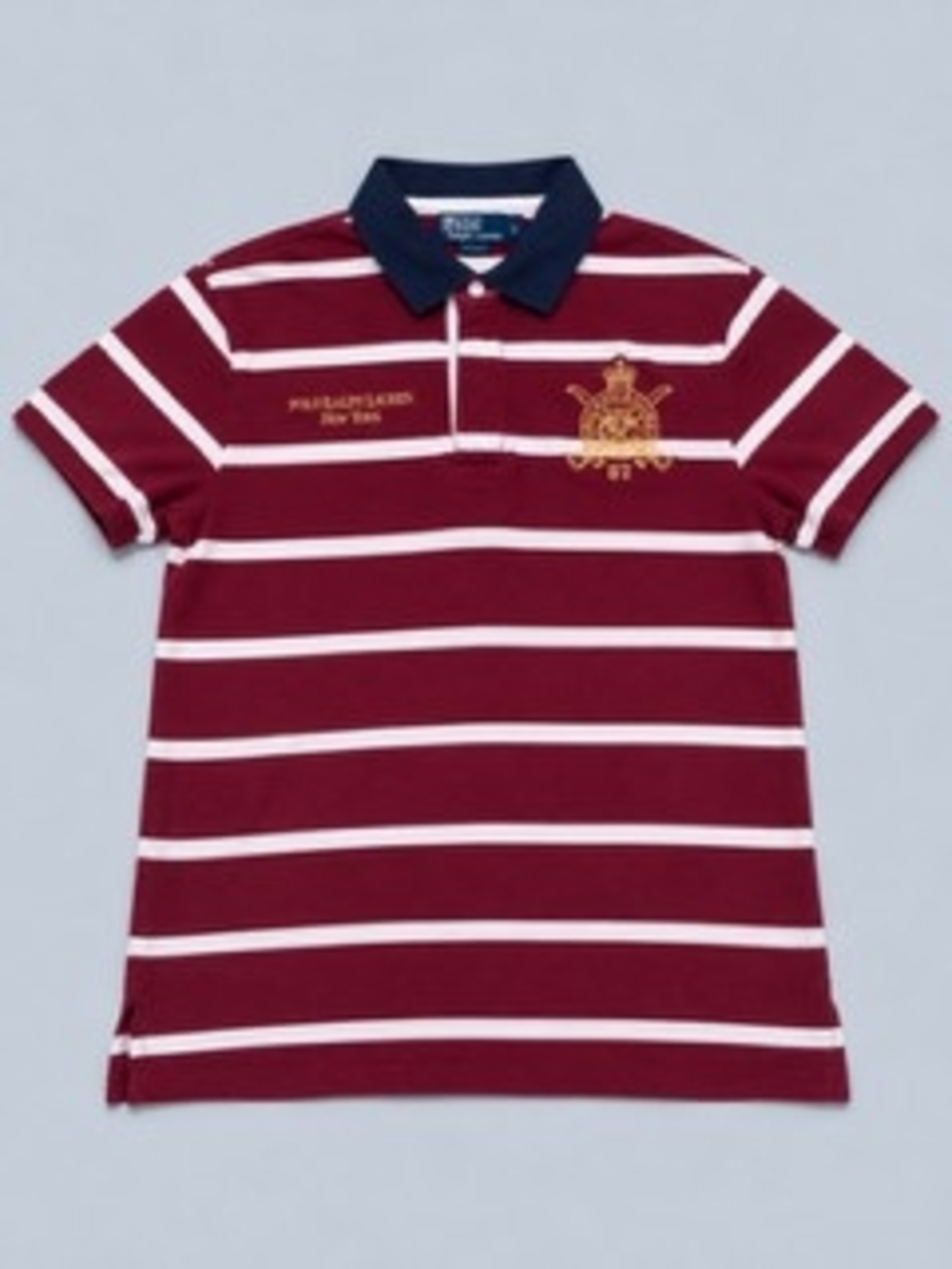 Polo by Ralph Lauren Mens Burgundy & White Striped Polo with Navy Collar